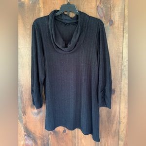 Black metallic asymmetrical cowl neck tunic